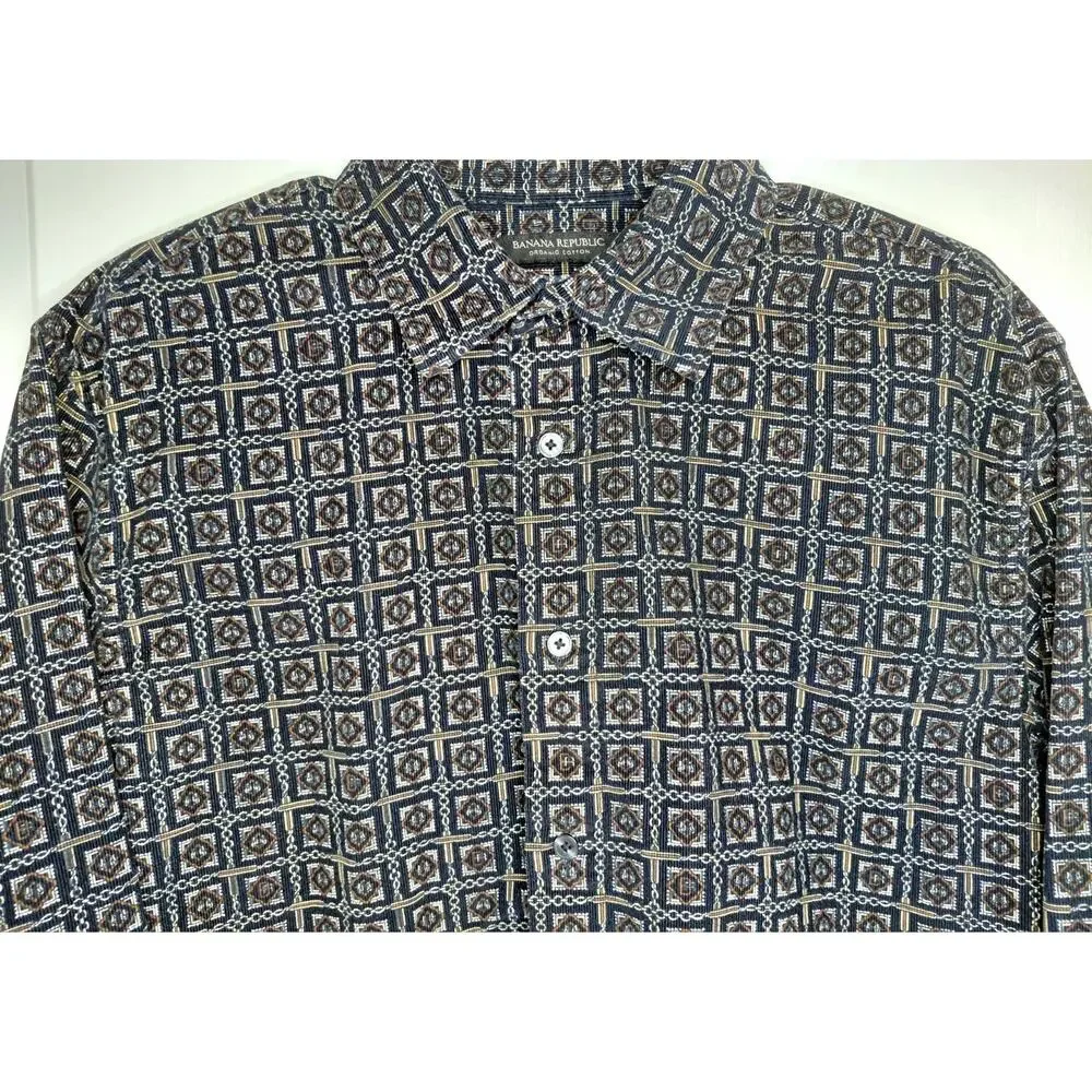Banana Republic Organic Cotton Corduroy Button Down Shirt Men L Geometric Fall